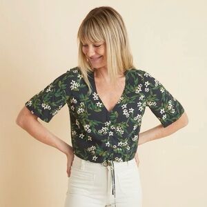 Marine Layer Bek Cinch Top Black Floral Boho Sustainable V-Neck Travel Sz M